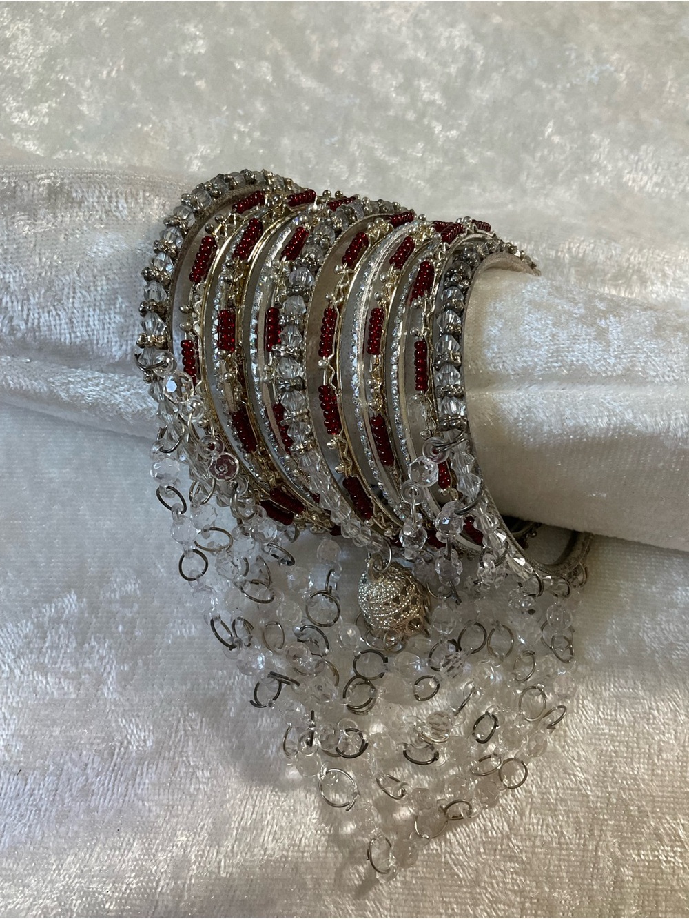 Silver-Tone Bracelet Set with Maroon Crystal Inlays and Dangle Charms
